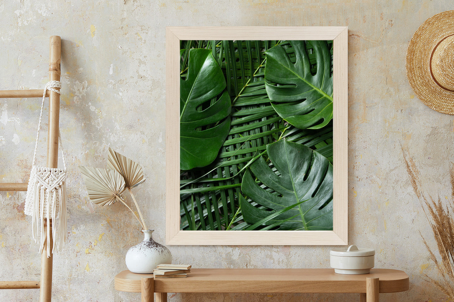 Poster Grüne Monstera Und Palmblätter Rahmen Holz Mit Passepartout Farbe Natürlich