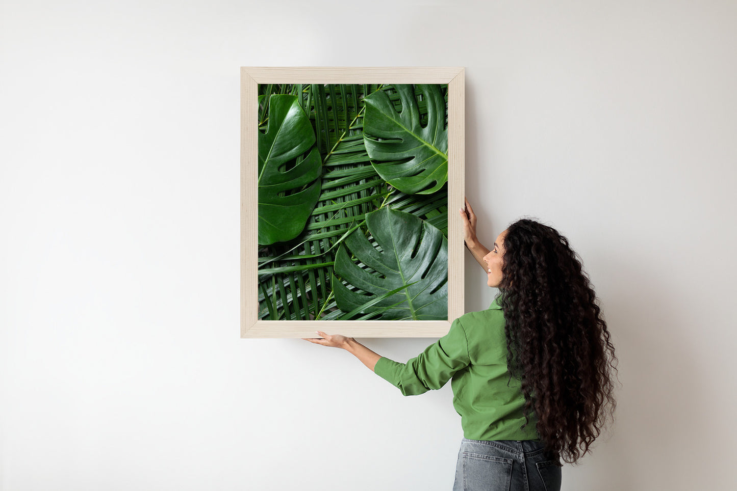 Poster Grüne Monstera Und Palmblätter Rahmen Holz Mit Passepartout Farbe Natürlich