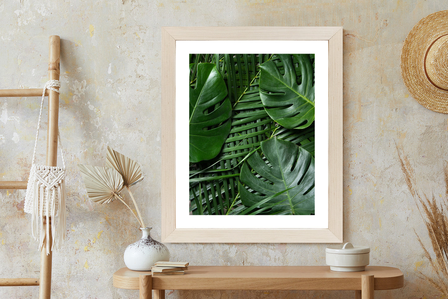 Poster Grüne Monstera Und Palmblätter Rahmen Holz Mit Passepartout Farbe Natürlich