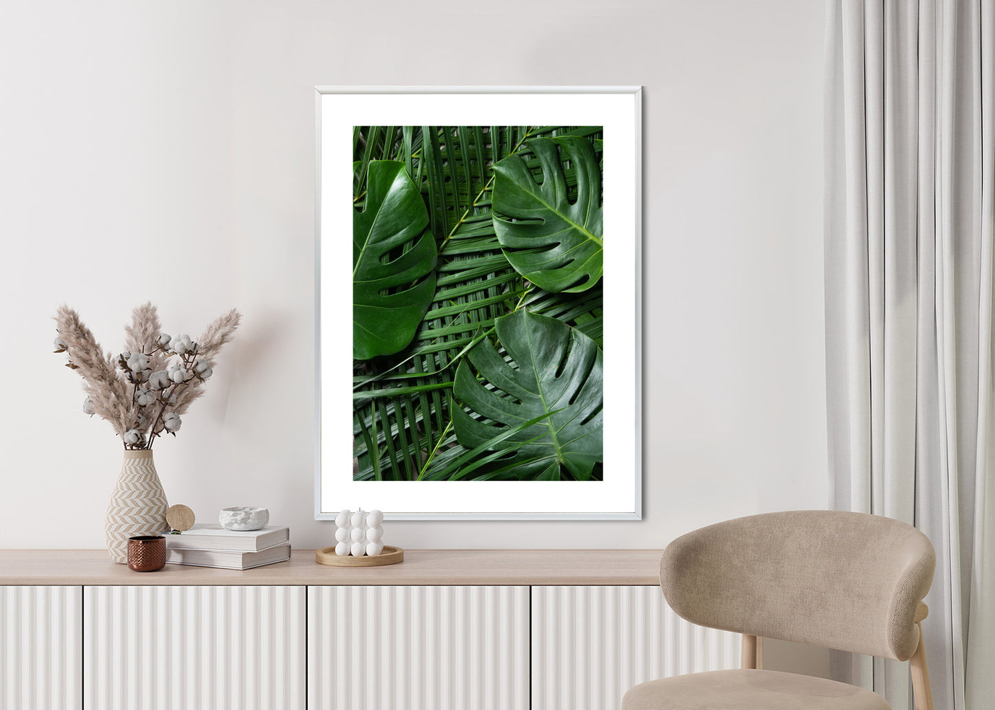 Poster Grüne Monstera Und Palmblätter Rahmen Holz Mit Passepartout Farbe Natürlich