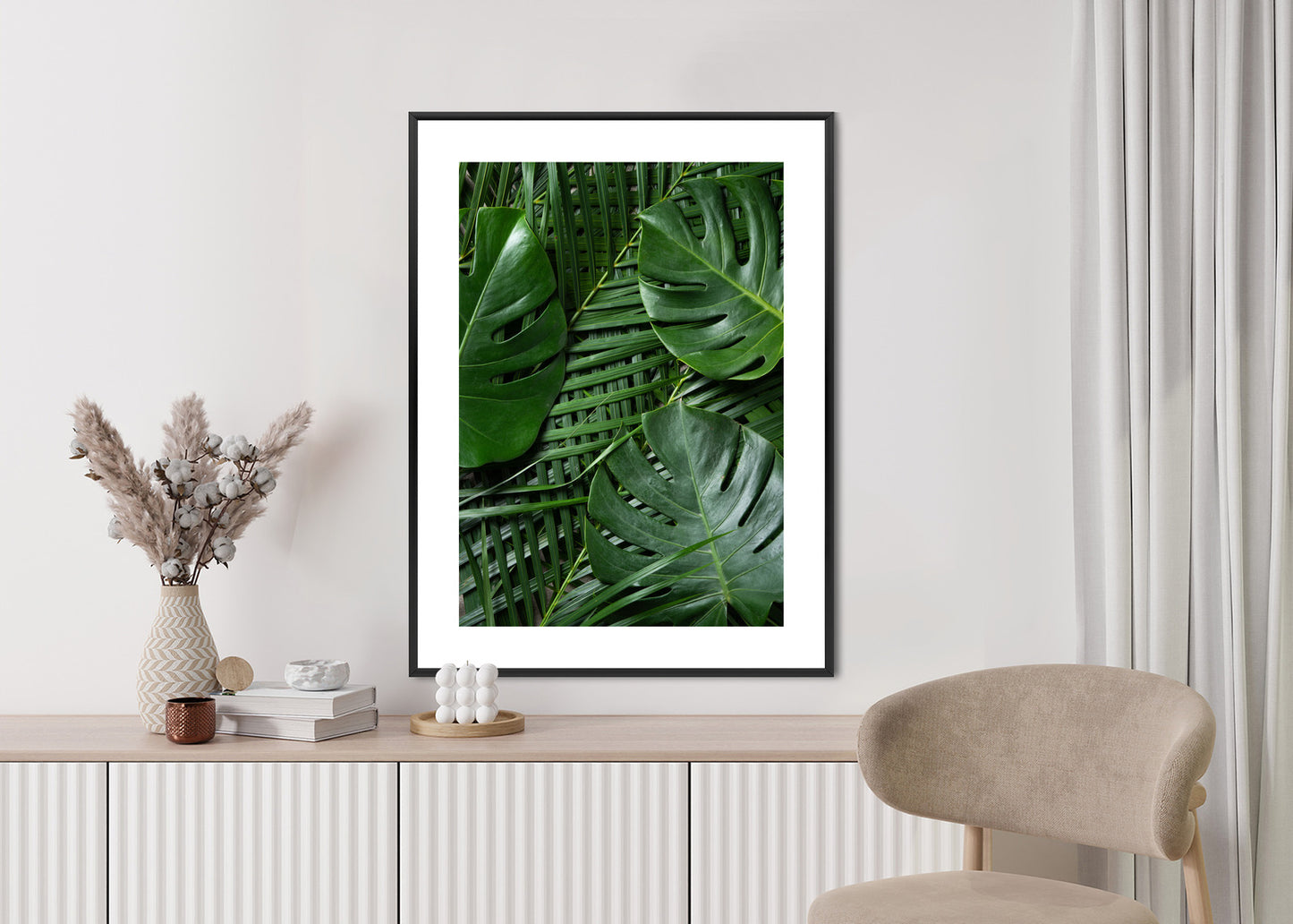 Poster Grüne Monstera Und Palmblätter Rahmen Holz Mit Passepartout Farbe Natürlich