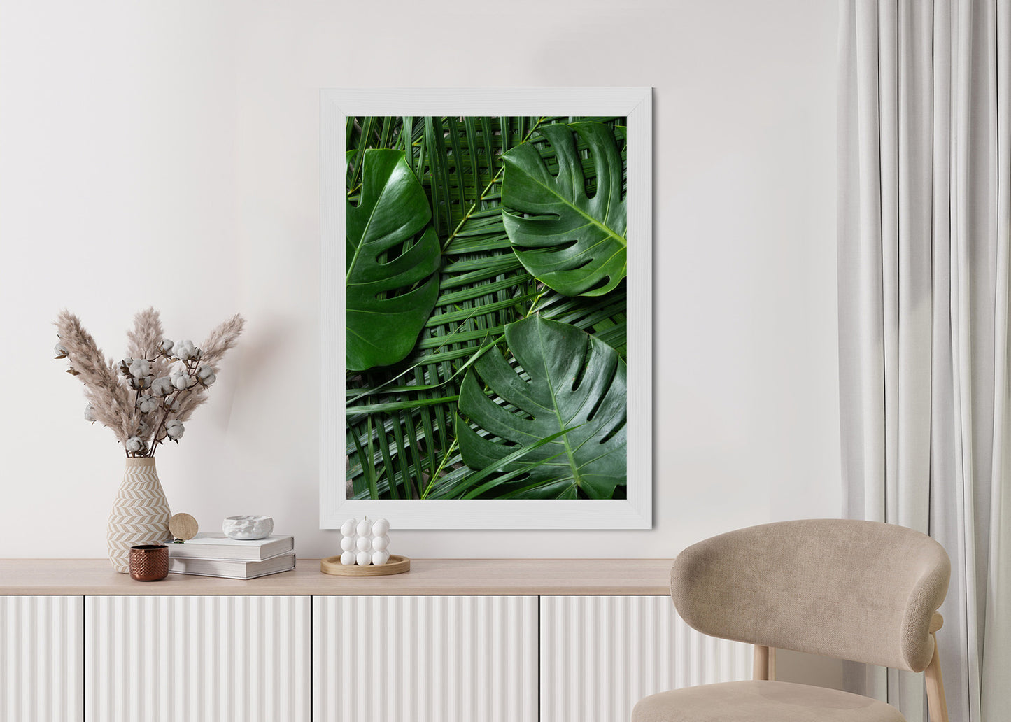Poster Grüne Monstera Und Palmblätter Rahmen Holz Mit Passepartout Farbe Natürlich