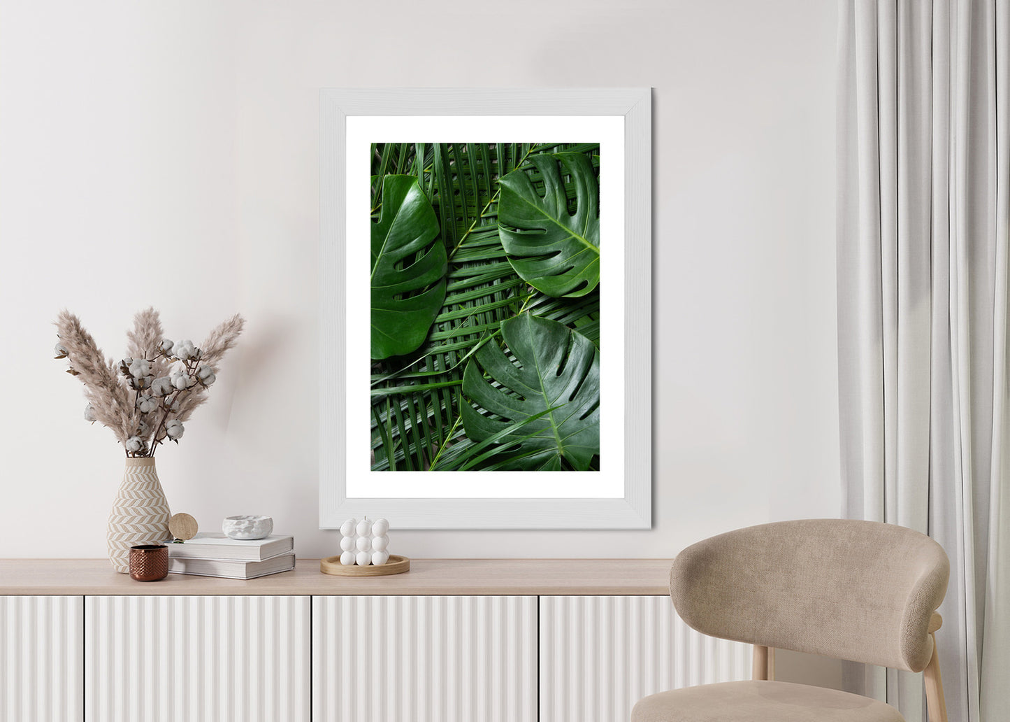 Poster Grüne Monstera Und Palmblätter Rahmen Holz Mit Passepartout Farbe Natürlich