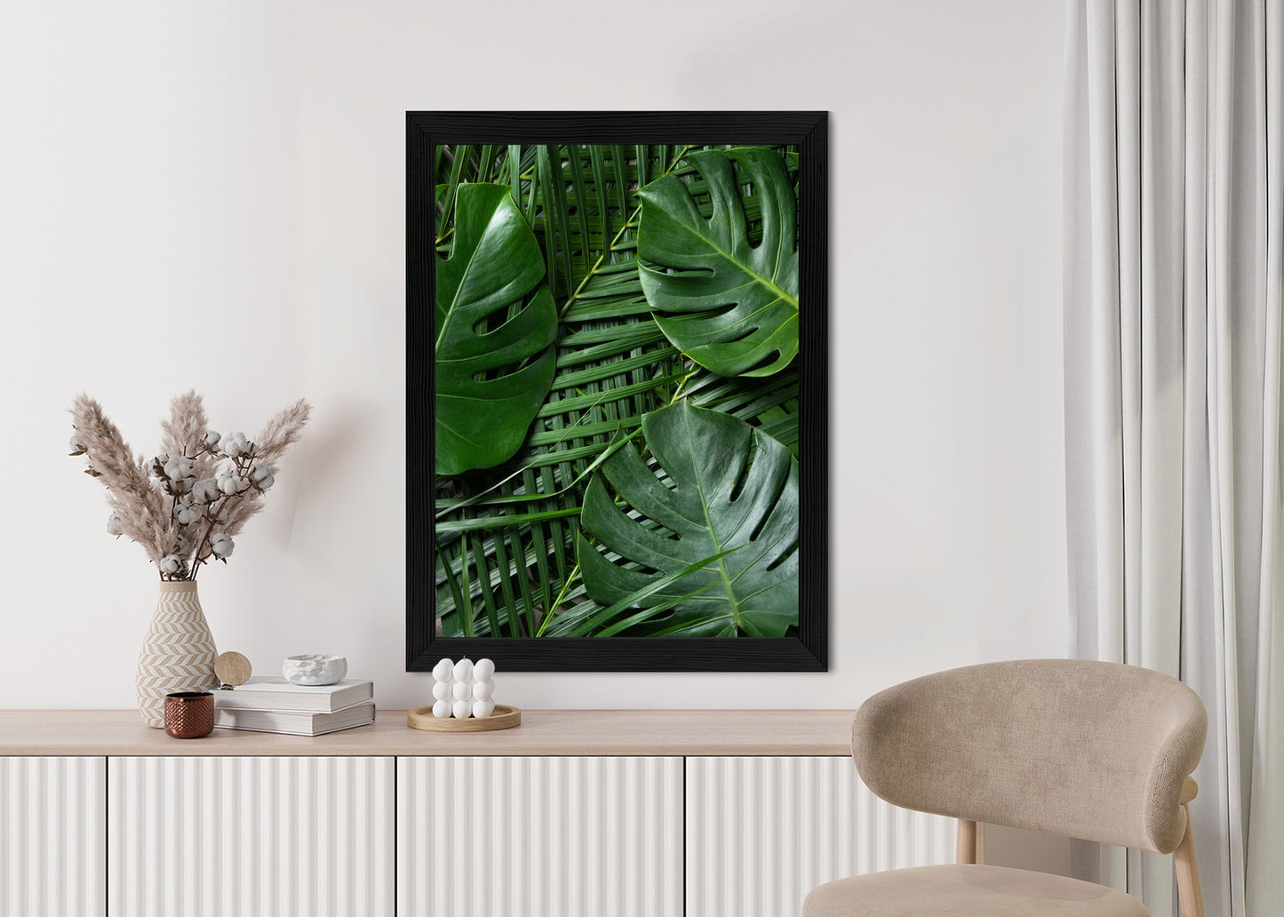Poster Grüne Monstera Und Palmblätter Rahmen Holz Mit Passepartout Farbe Natürlich