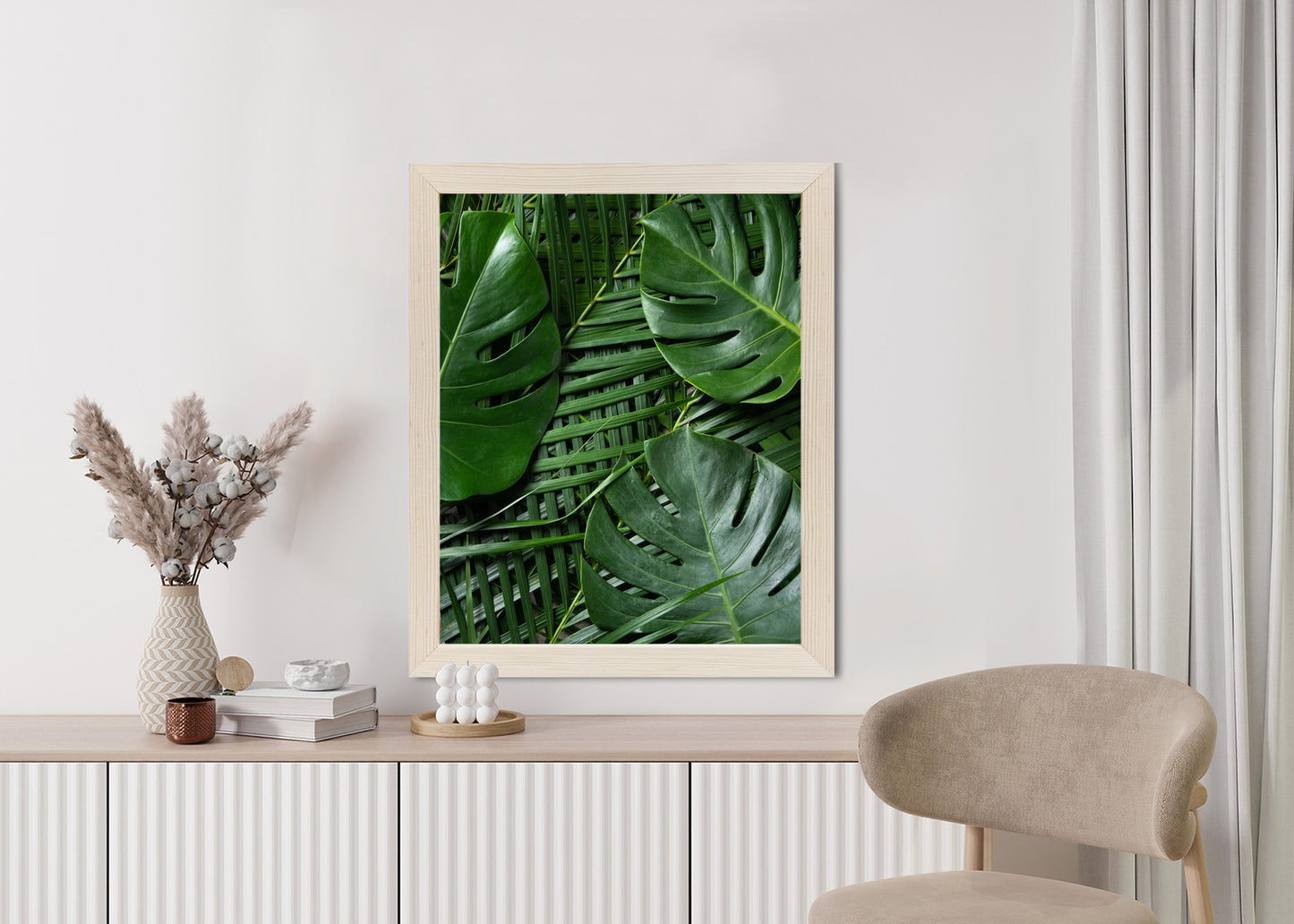 Poster Grüne Monstera Und Palmblätter Rahmen Holz Mit Passepartout Farbe Natürlich