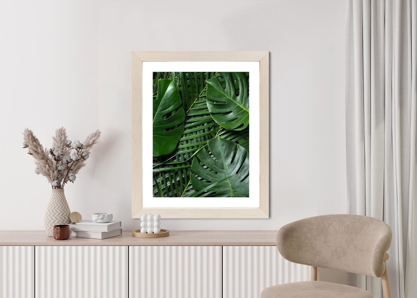Poster Grüne Monstera Und Palmblätter Rahmen Holz Mit Passepartout Farbe Natürlich