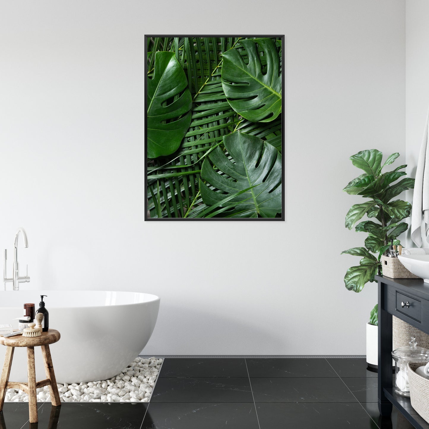 Poster Grüne Monstera Und Palmblätter Rahmen Holz Mit Passepartout Farbe Natürlich