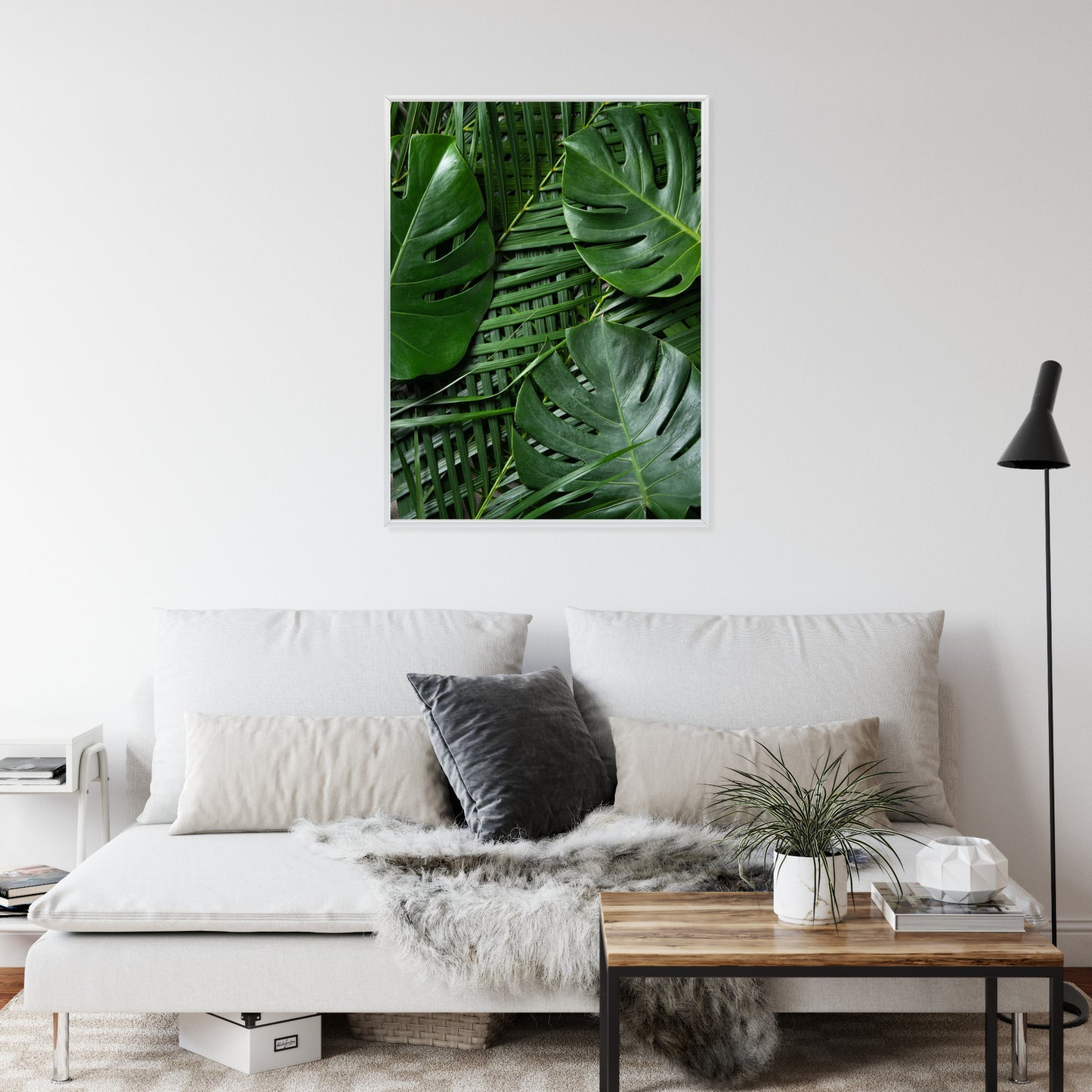 Poster Grüne Monstera Und Palmblätter Rahmen Holz Mit Passepartout Farbe Natürlich