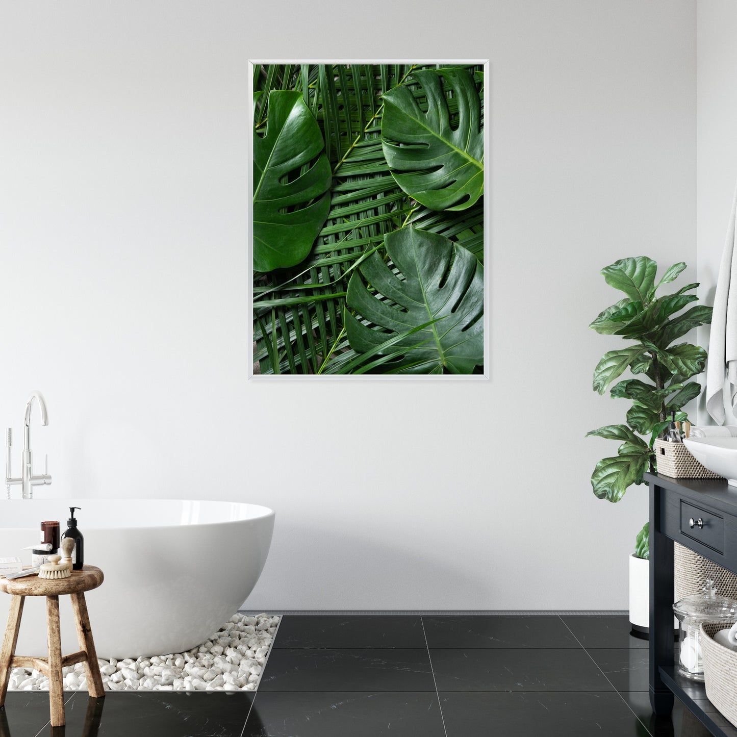 Poster Grüne Monstera Und Palmblätter Rahmen Holz Mit Passepartout Farbe Natürlich
