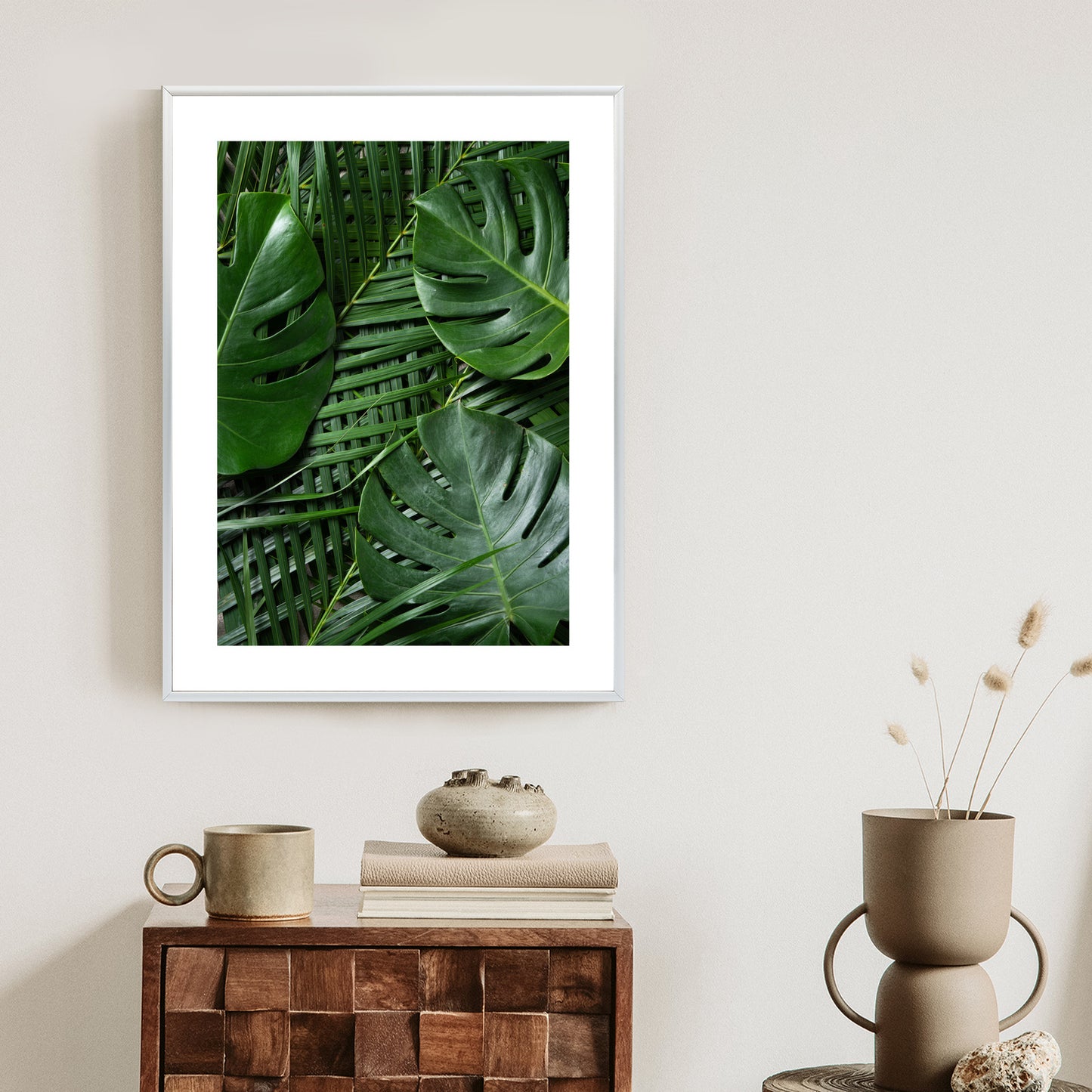 Poster Grüne Monstera Und Palmblätter Rahmen Holz Mit Passepartout Farbe Natürlich