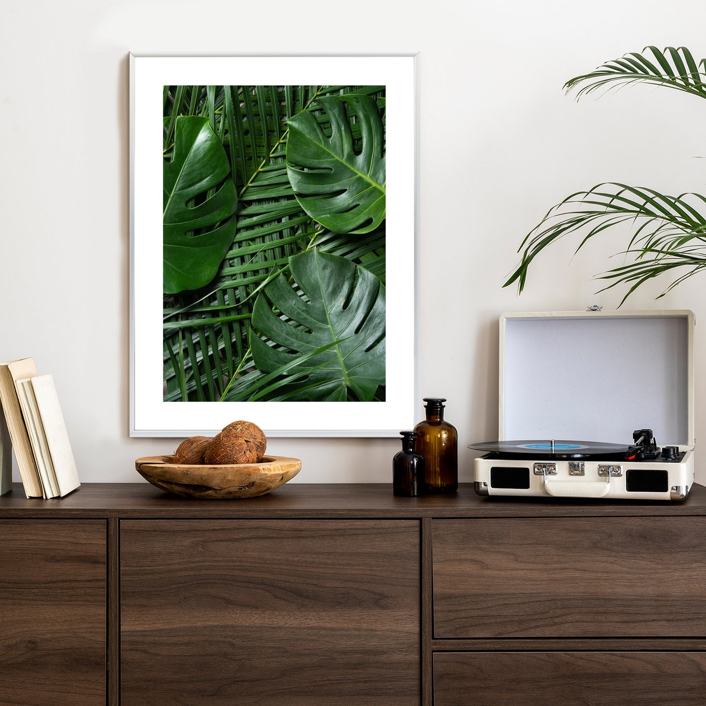 Poster Grüne Monstera Und Palmblätter Rahmen Holz Mit Passepartout Farbe Natürlich