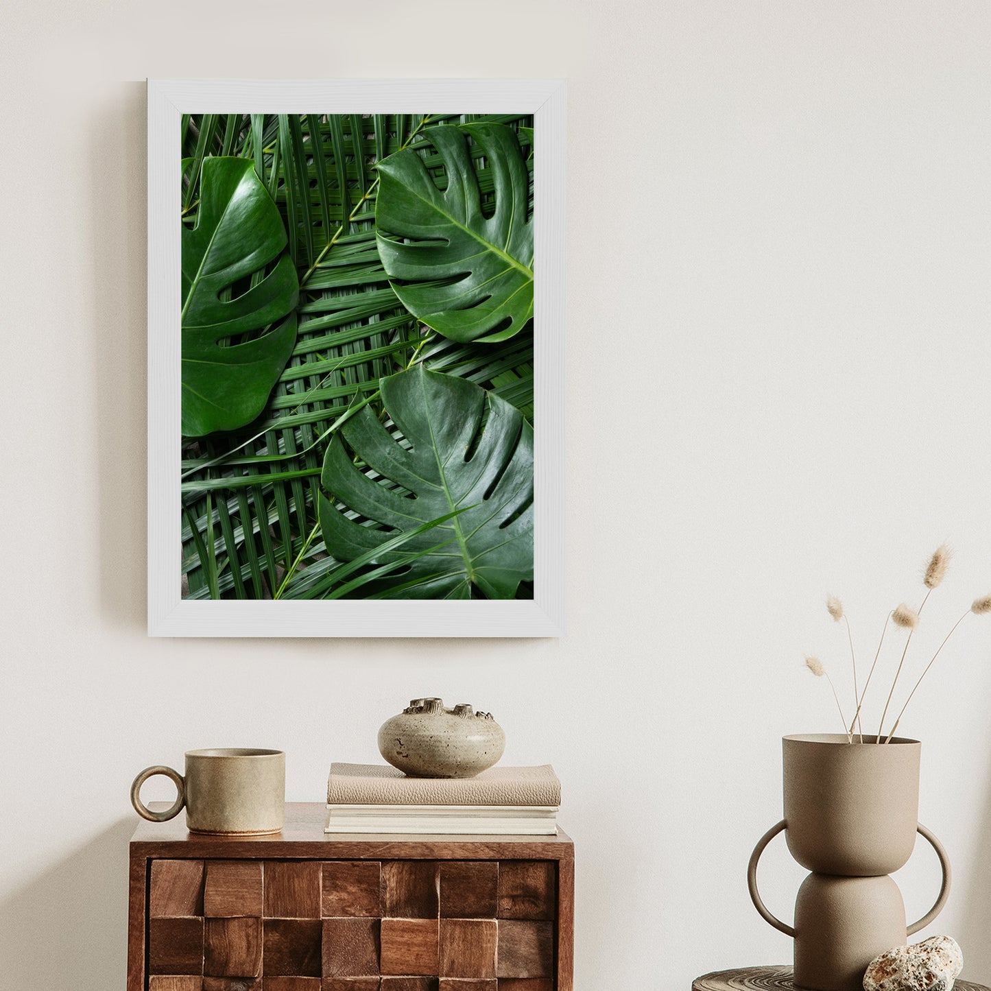Poster Grüne Monstera Und Palmblätter Rahmen Holz Mit Passepartout Farbe Natürlich