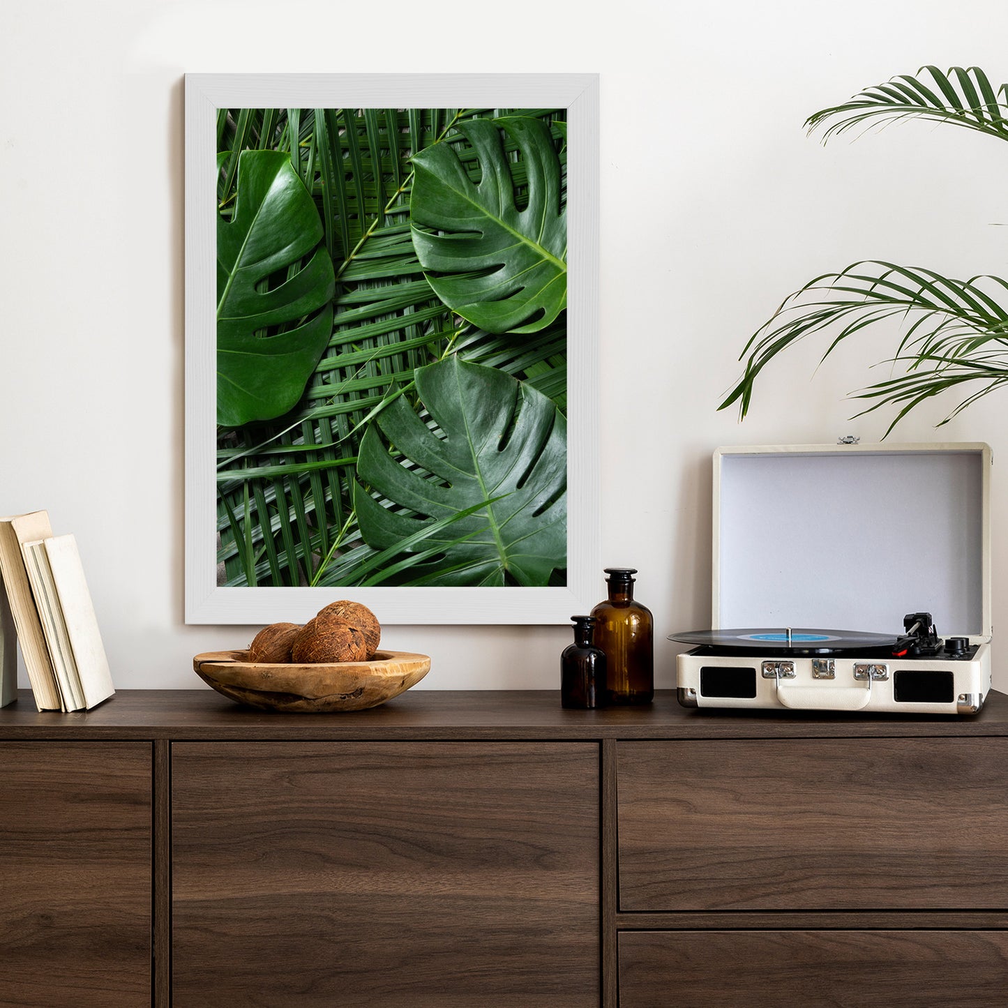 Poster Grüne Monstera Und Palmblätter Rahmen Holz Mit Passepartout Farbe Natürlich