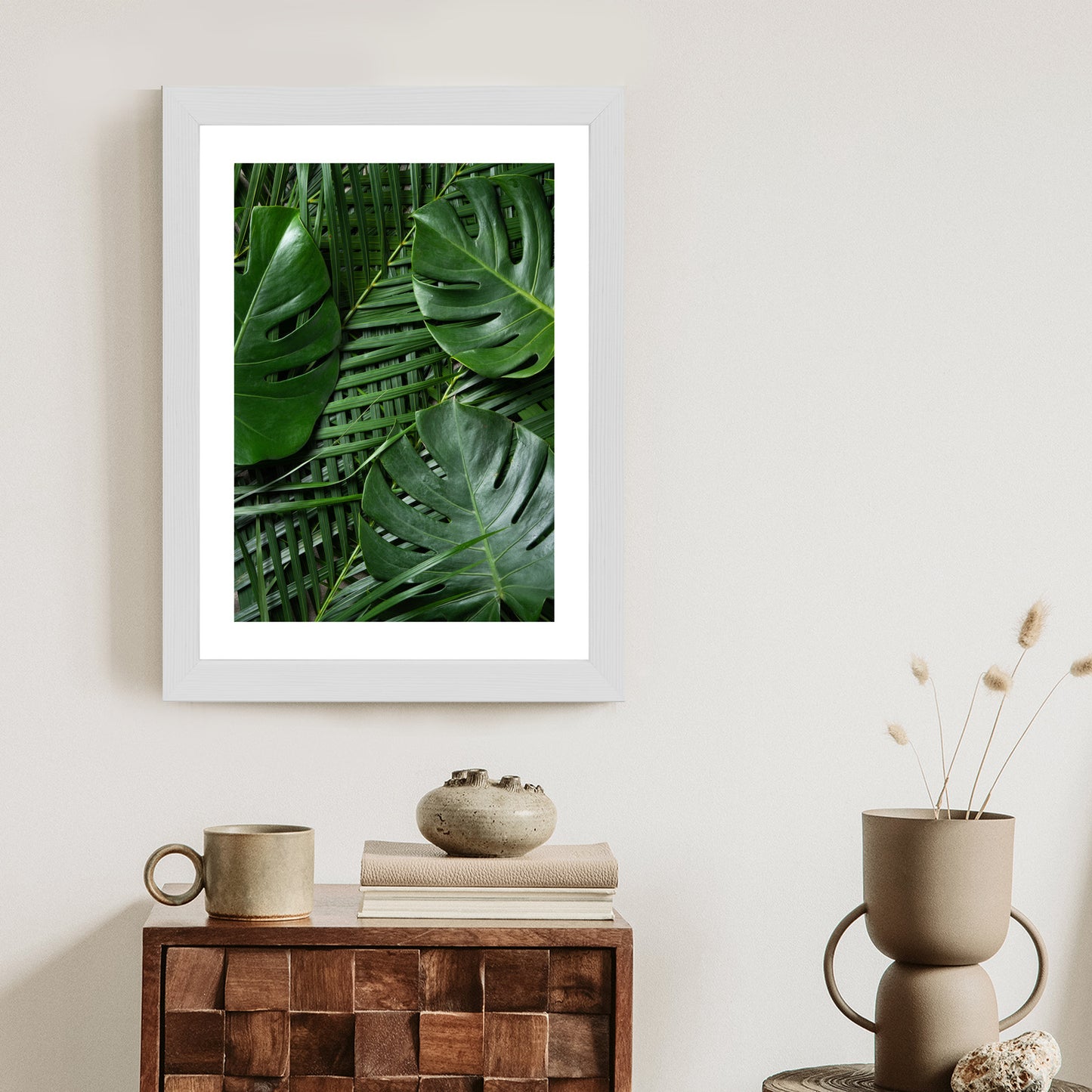 Poster Grüne Monstera Und Palmblätter Rahmen Holz Mit Passepartout Farbe Natürlich
