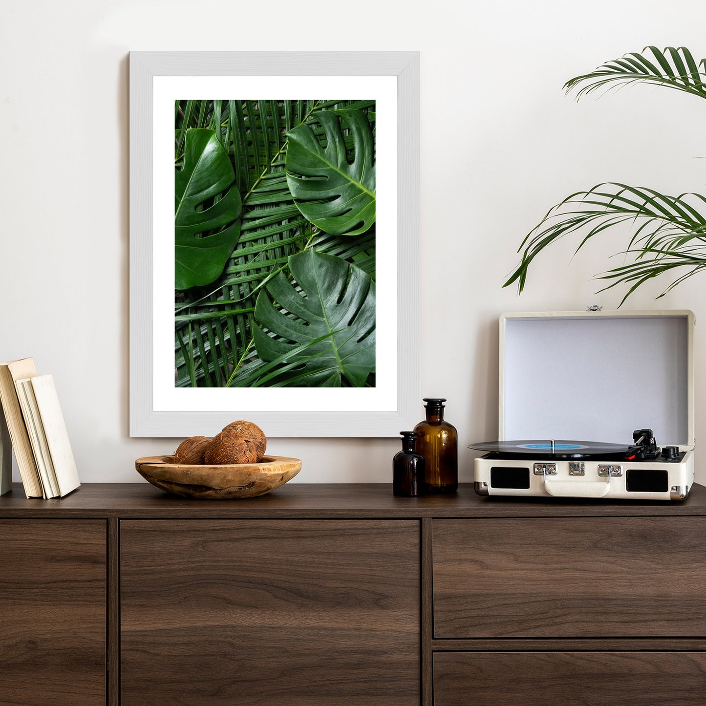 Poster Grüne Monstera Und Palmblätter Rahmen Holz Mit Passepartout Farbe Natürlich