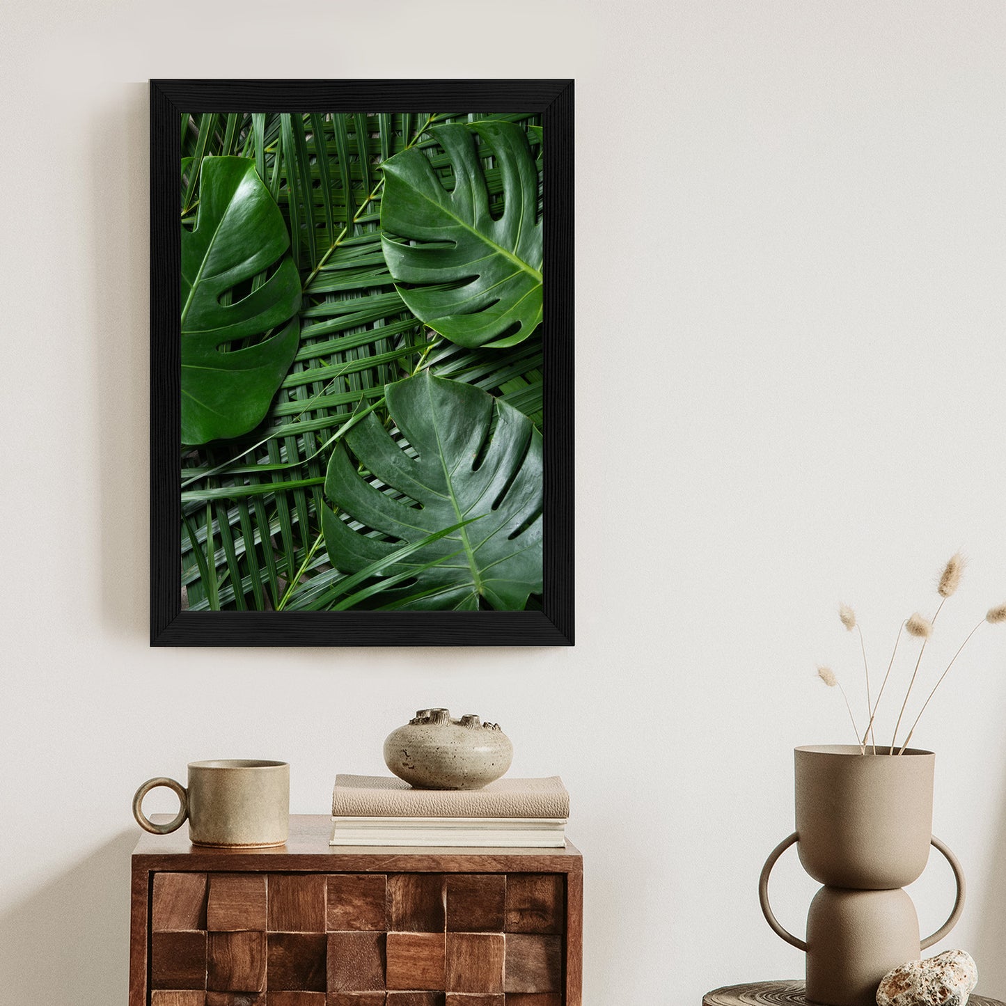 Poster Grüne Monstera Und Palmblätter Rahmen Holz Mit Passepartout Farbe Natürlich