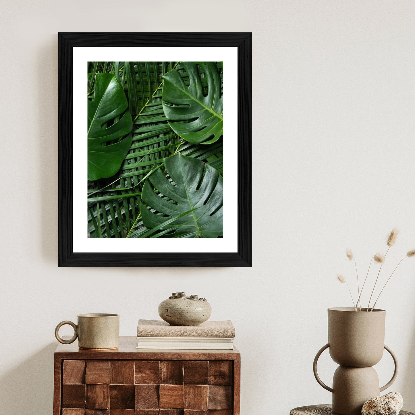 Poster Grüne Monstera Und Palmblätter Rahmen Holz Mit Passepartout Farbe Natürlich