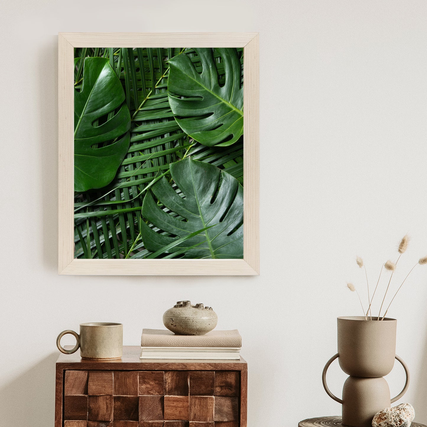 Poster Grüne Monstera Und Palmblätter Rahmen Holz Mit Passepartout Farbe Natürlich