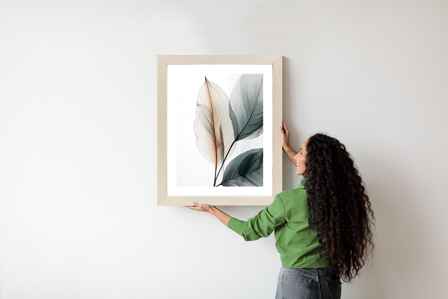 Poster Drei Blätter Auf Weißem Hintergrund Rahmen Holz Mit Passepartout Farbe Natürlich