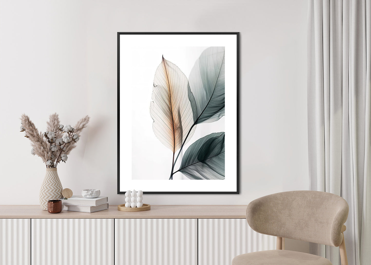 Poster Drei Blätter Auf Weißem Hintergrund Rahmen Holz Mit Passepartout Farbe Natürlich