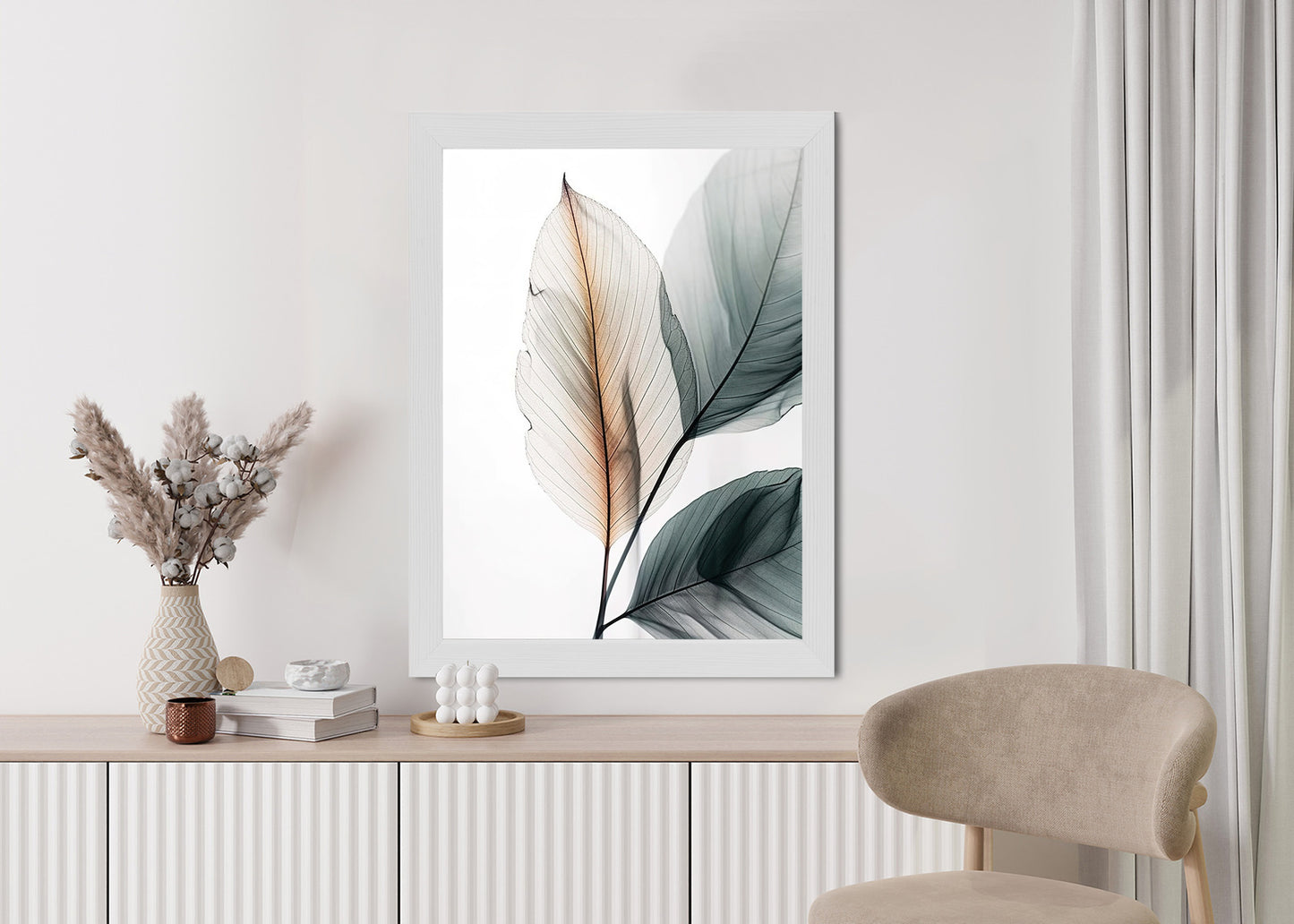 Poster Drei Blätter Auf Weißem Hintergrund Rahmen Holz Mit Passepartout Farbe Natürlich