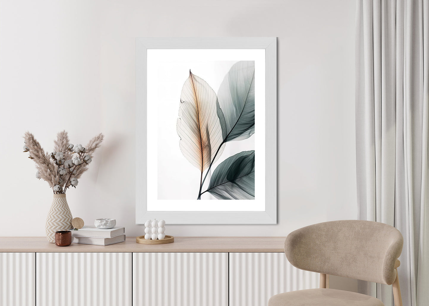 Poster Drei Blätter Auf Weißem Hintergrund Rahmen Holz Mit Passepartout Farbe Natürlich