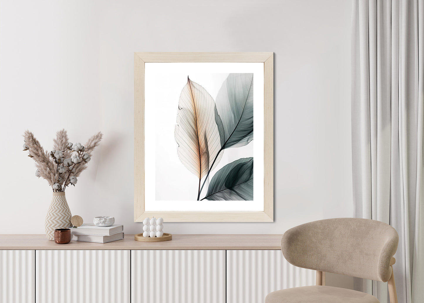 Poster Drei Blätter Auf Weißem Hintergrund Rahmen Holz Mit Passepartout Farbe Natürlich