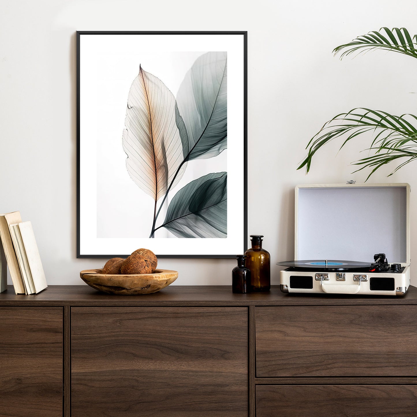 Poster Drei Blätter Auf Weißem Hintergrund Rahmen Holz Mit Passepartout Farbe Natürlich