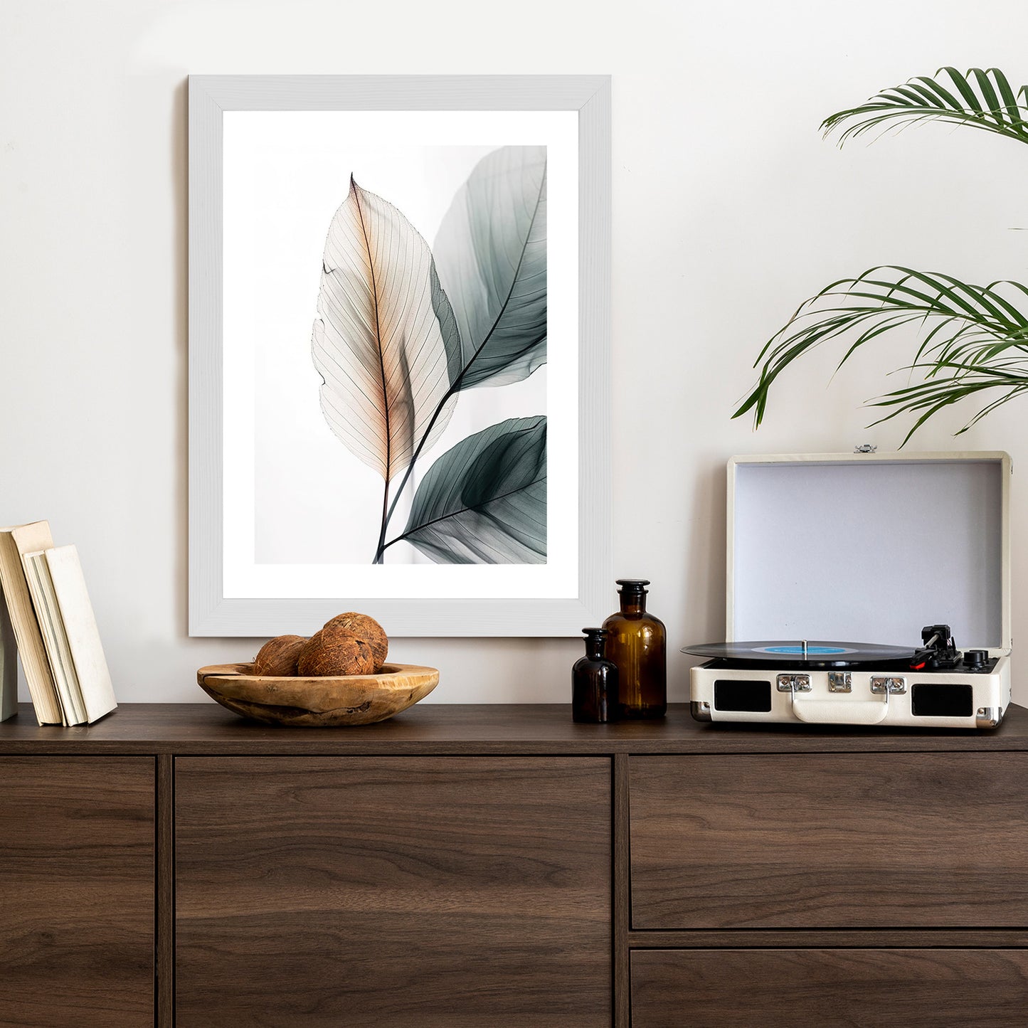 Poster Drei Blätter Auf Weißem Hintergrund Rahmen Holz Mit Passepartout Farbe Natürlich