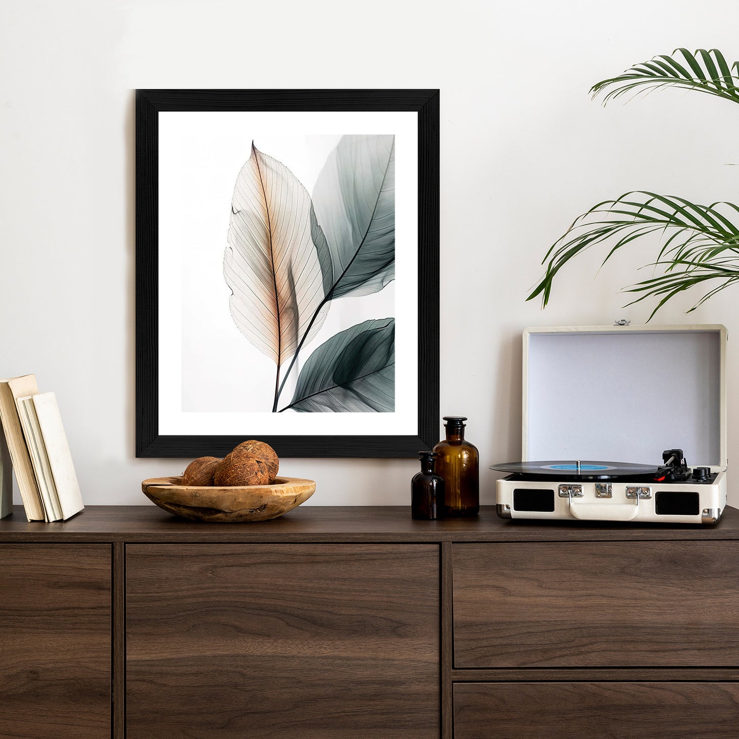 Poster Drei Blätter Auf Weißem Hintergrund Rahmen Holz Mit Passepartout Farbe Natürlich
