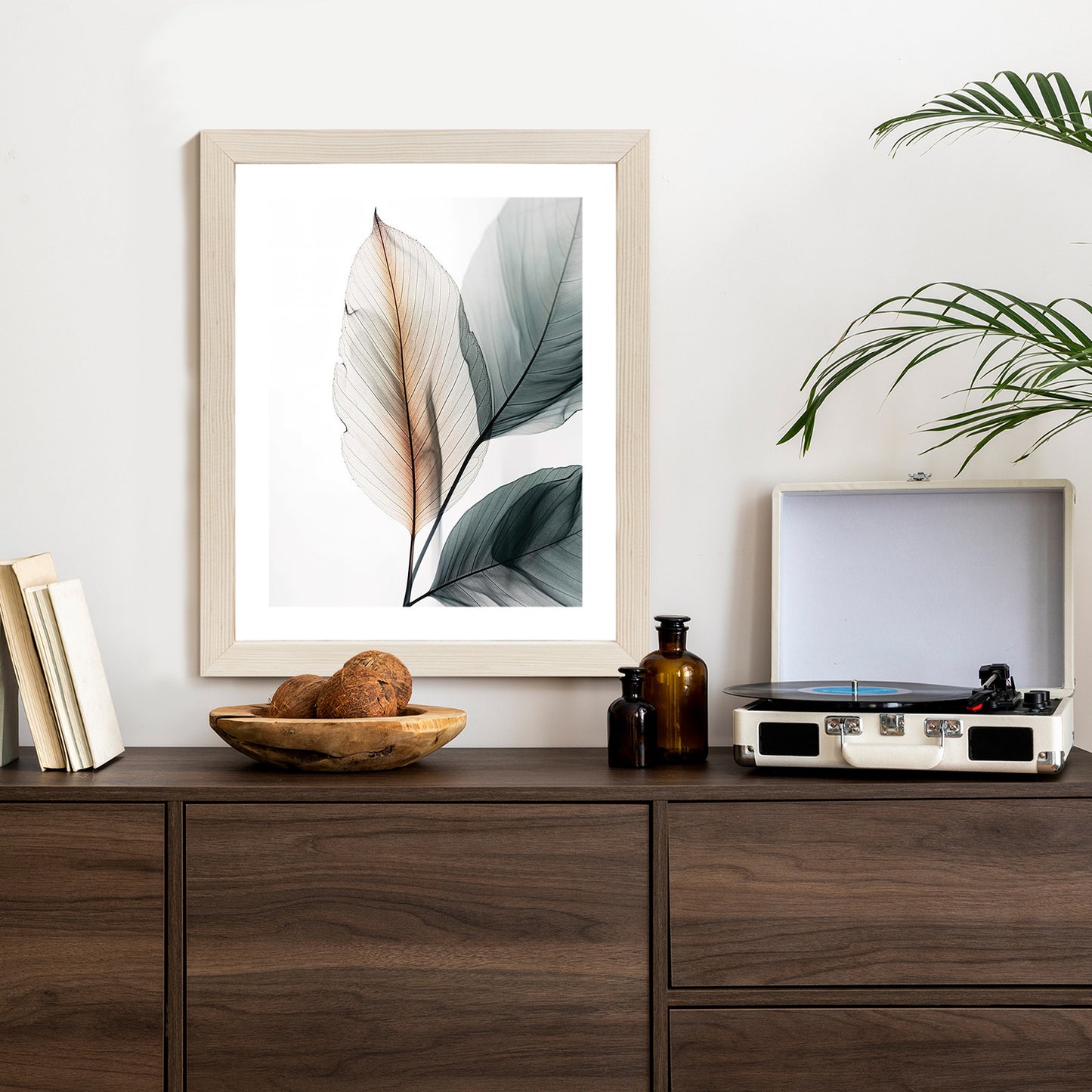 Poster Drei Blätter Auf Weißem Hintergrund Rahmen Holz Mit Passepartout Farbe Natürlich