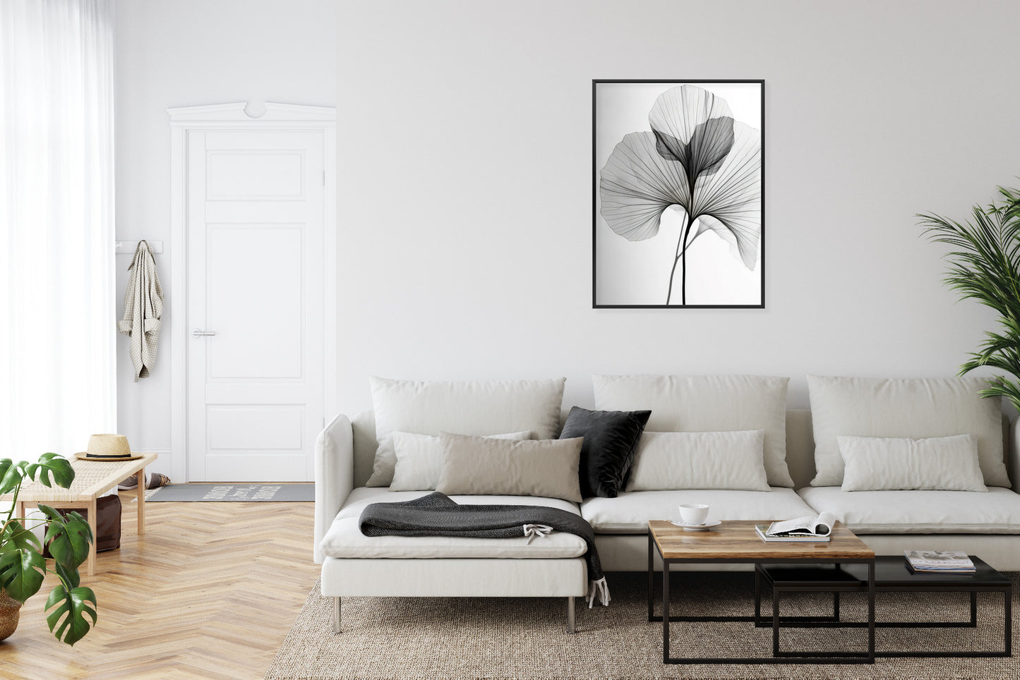 Poster Schwarze Ginkgoblätter Rahmen Hölzern Farbe Natürlich