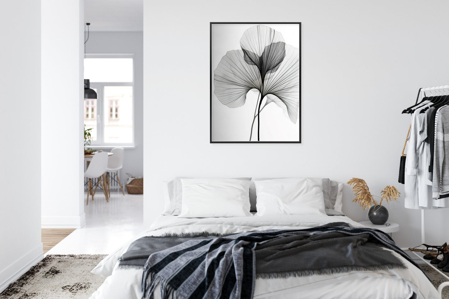Poster Schwarze Ginkgoblätter Rahmen Hölzern Farbe Natürlich