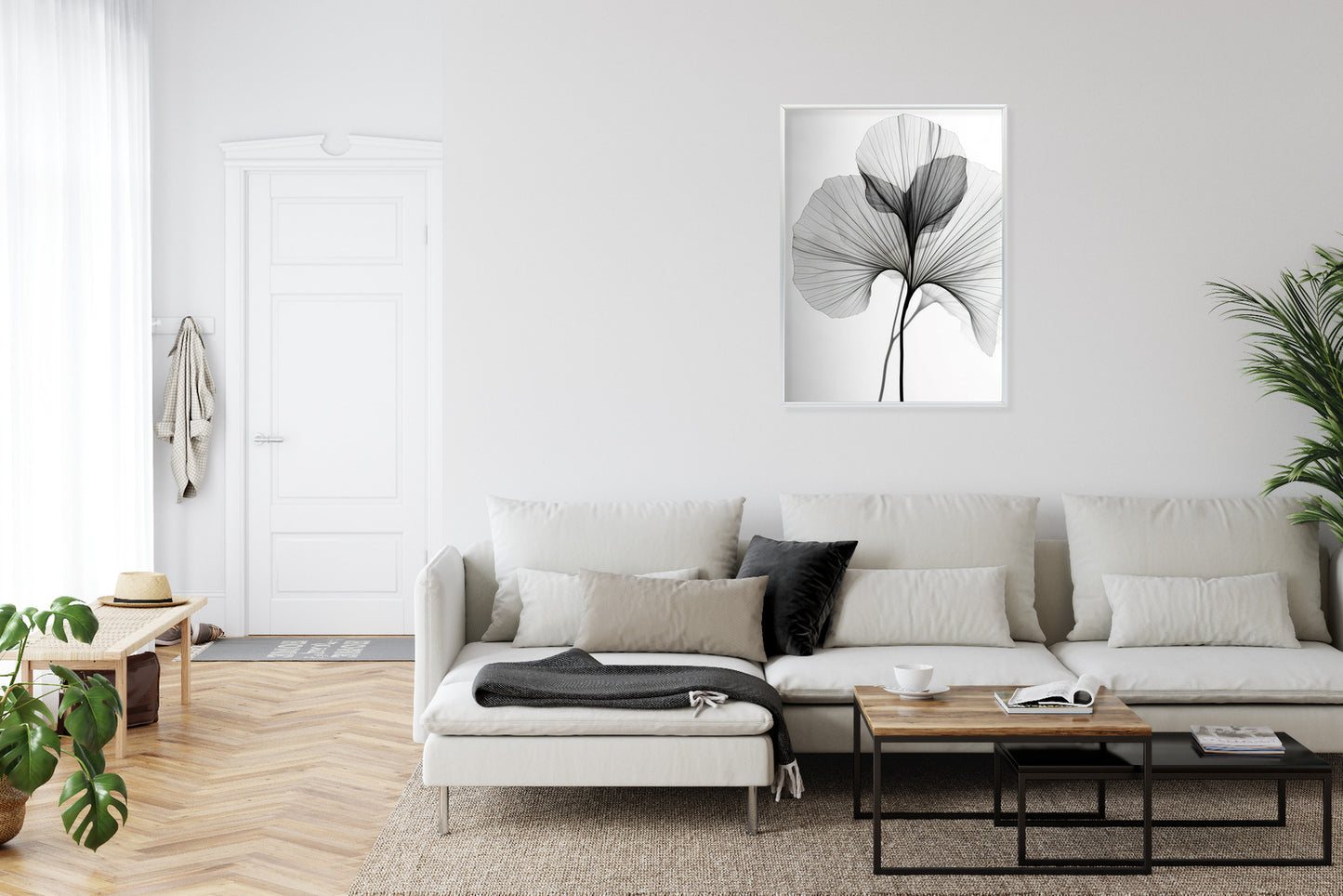 Poster Schwarze Ginkgoblätter Rahmen Hölzern Farbe Natürlich