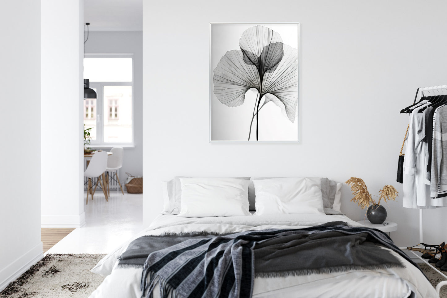 Poster Schwarze Ginkgoblätter Rahmen Hölzern Farbe Natürlich