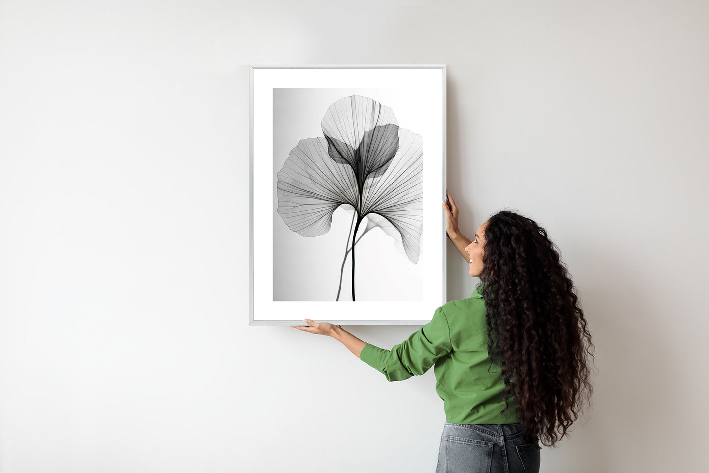 Poster Schwarze Ginkgoblätter Rahmen Hölzern Farbe Natürlich