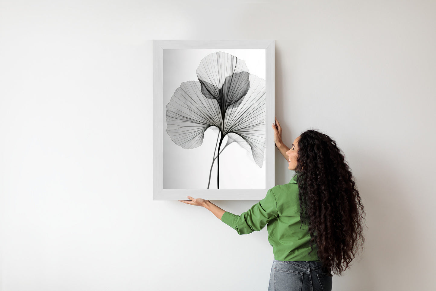 Poster Schwarze Ginkgoblätter Rahmen Hölzern Farbe Natürlich