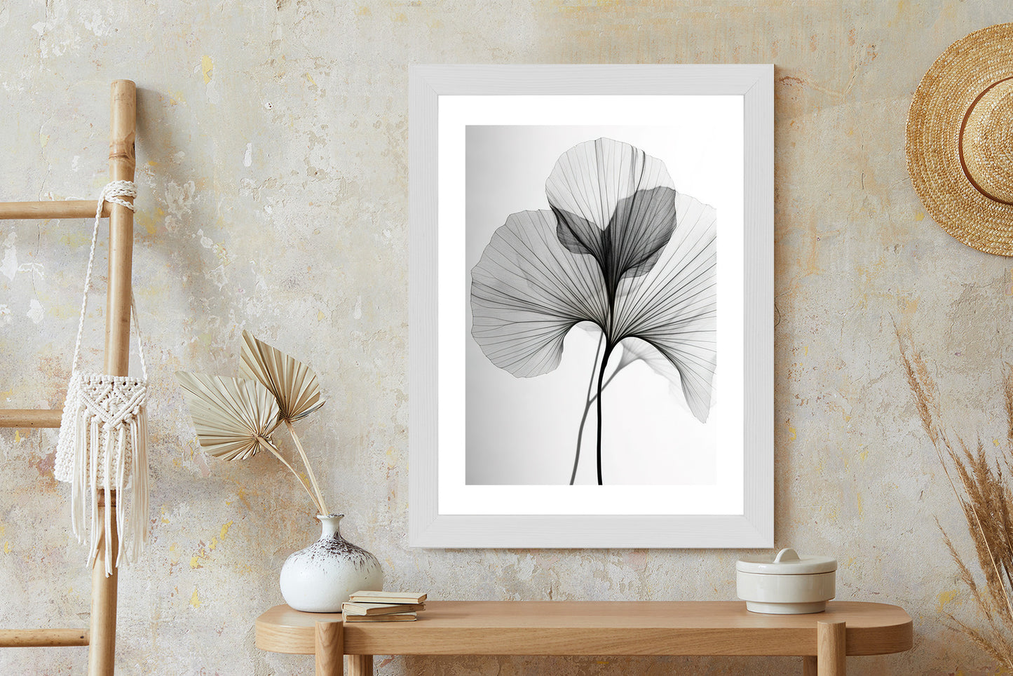 Poster Schwarze Ginkgoblätter Rahmen Hölzern Farbe Natürlich