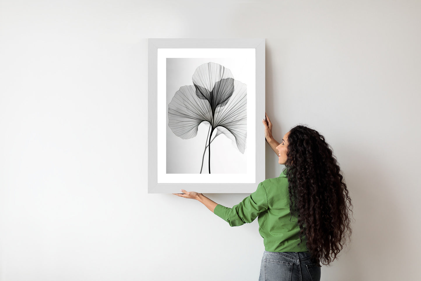 Poster Schwarze Ginkgoblätter Rahmen Hölzern Farbe Natürlich