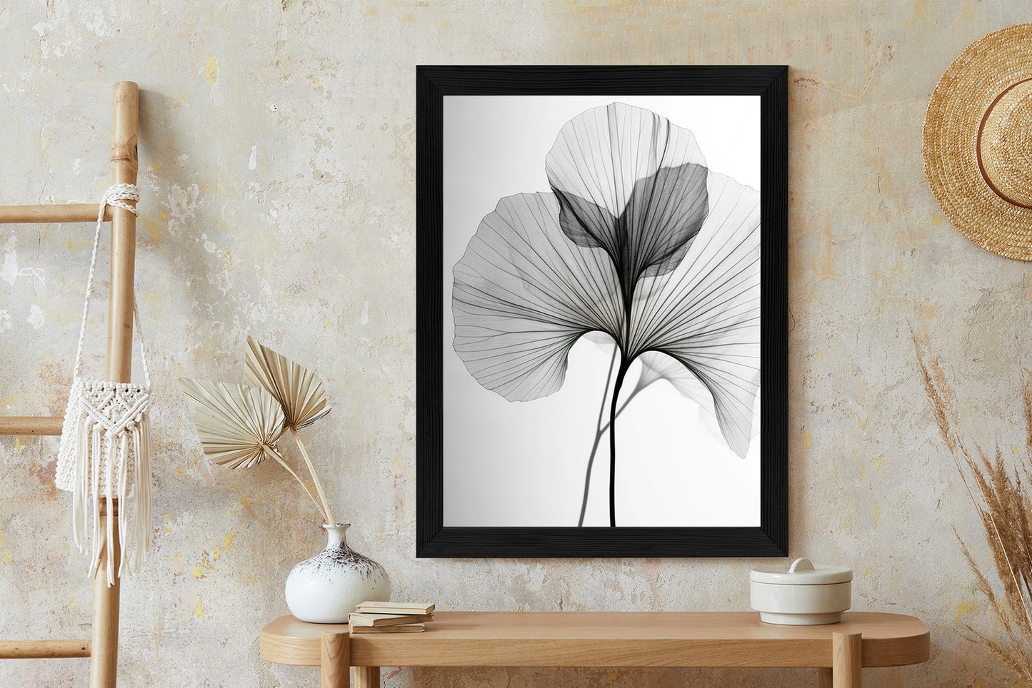 Poster Schwarze Ginkgoblätter Rahmen Hölzern Farbe Natürlich