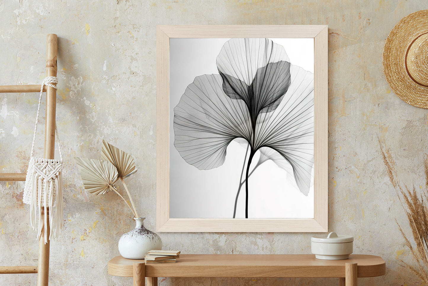 Poster Schwarze Ginkgoblätter Rahmen Hölzern Farbe Natürlich