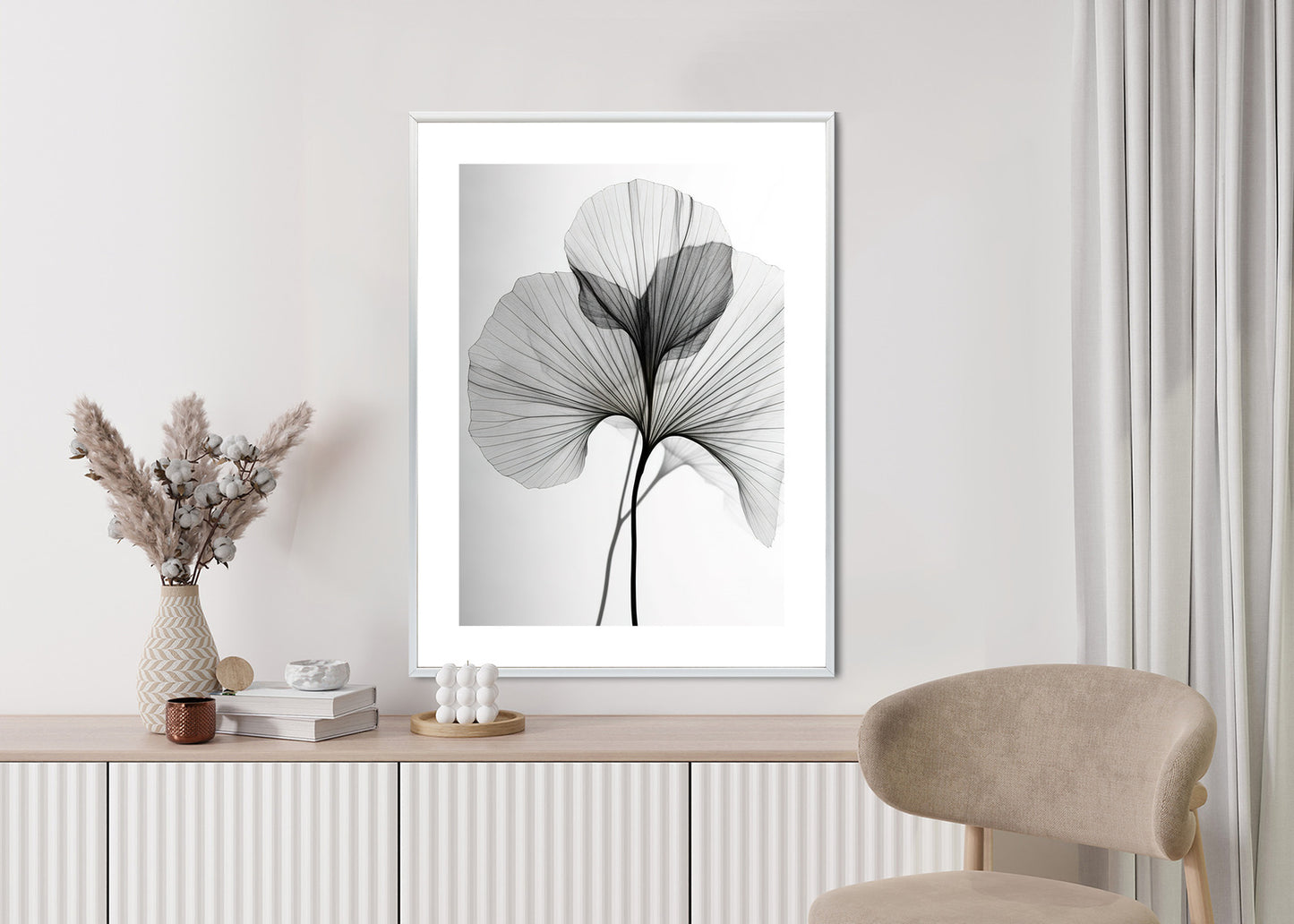 Poster Schwarze Ginkgoblätter Rahmen Hölzern Farbe Natürlich