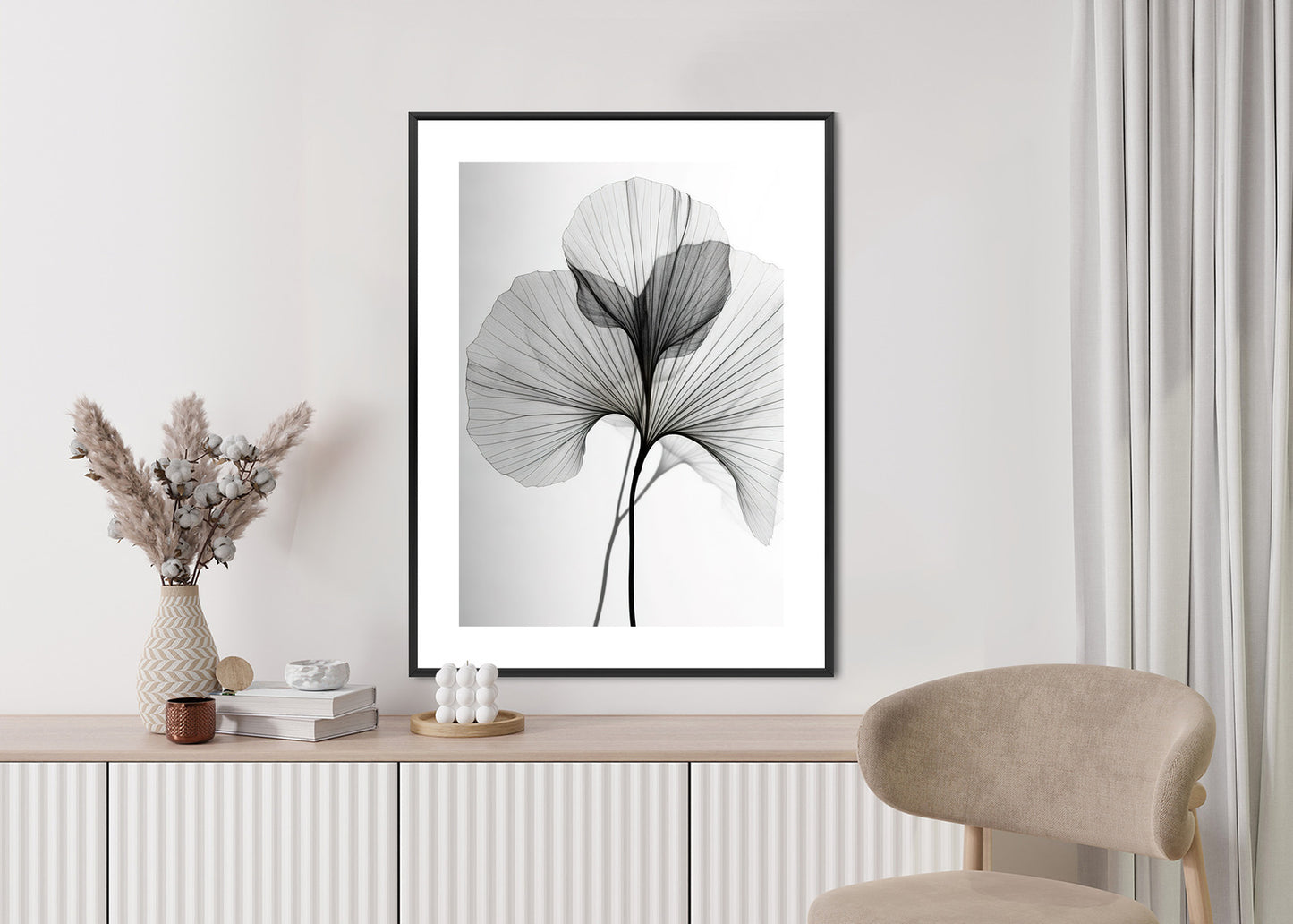 Poster Schwarze Ginkgoblätter Rahmen Hölzern Farbe Natürlich