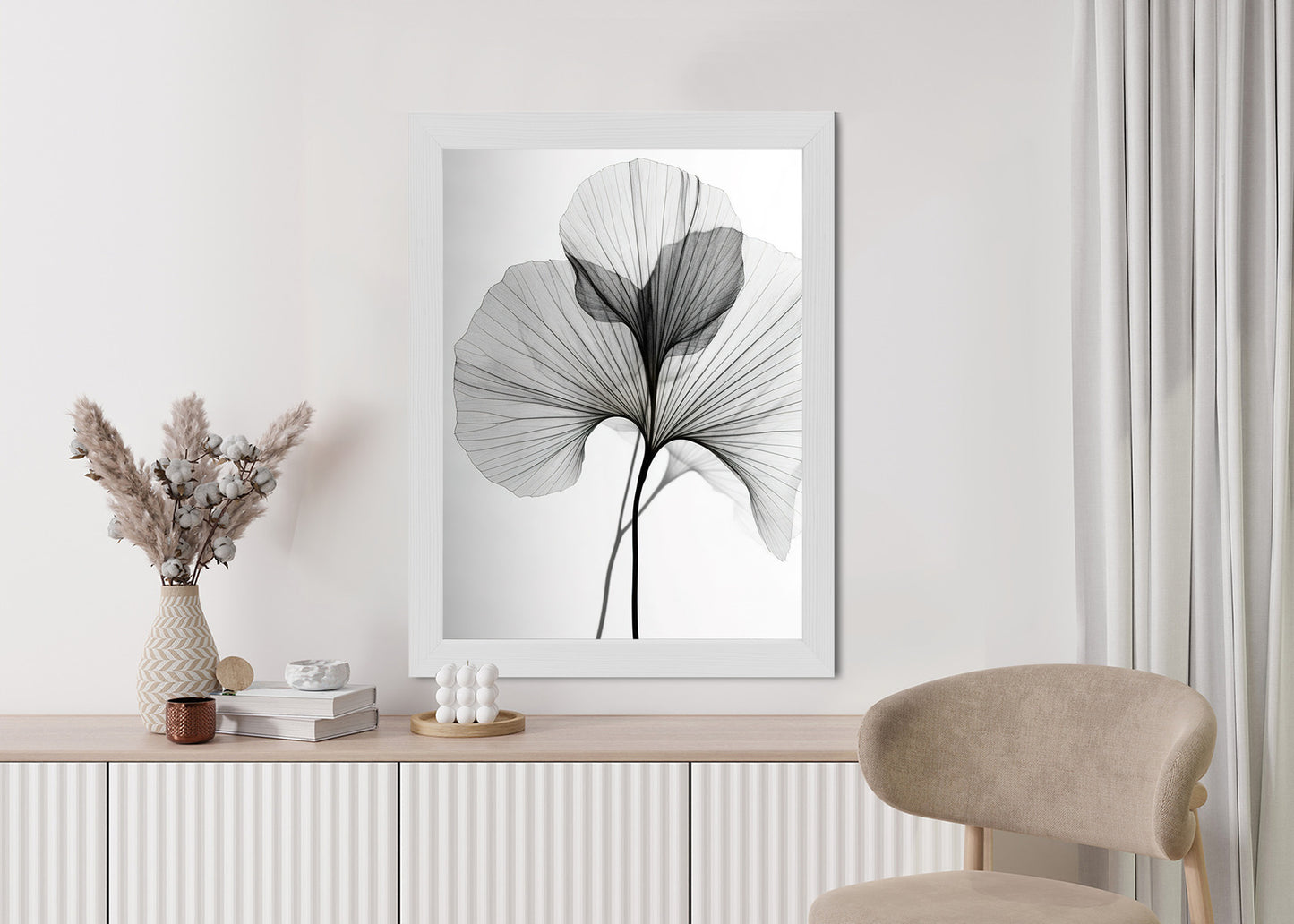 Poster Schwarze Ginkgoblätter Rahmen Hölzern Farbe Natürlich