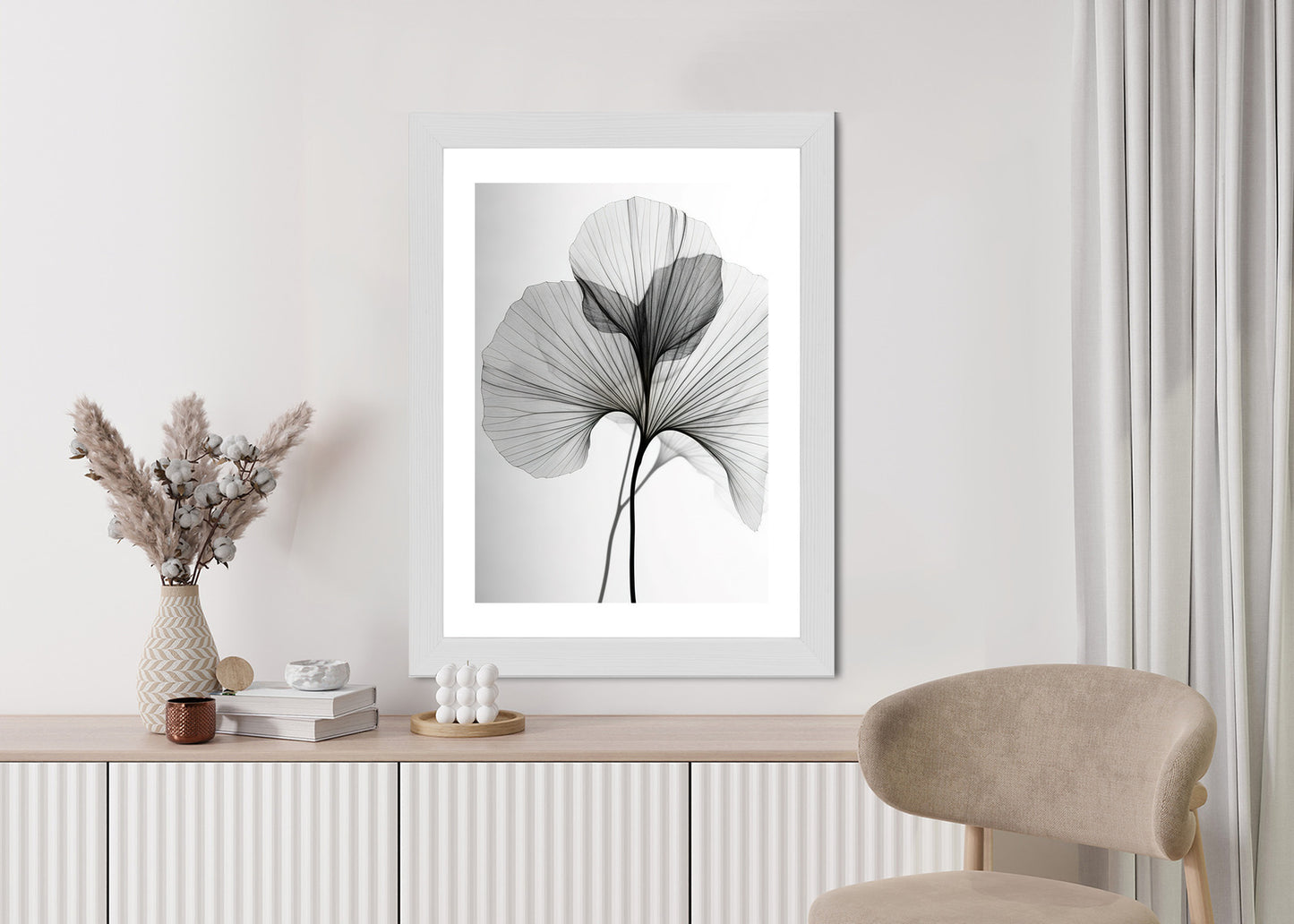 Poster Schwarze Ginkgoblätter Rahmen Hölzern Farbe Natürlich