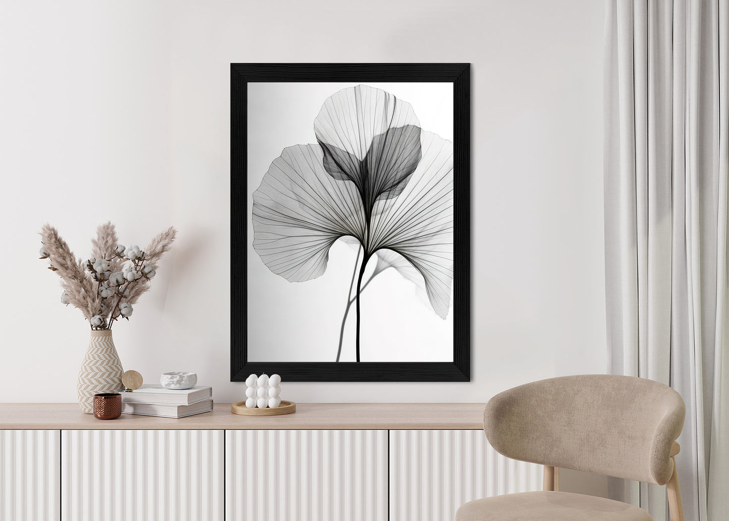 Poster Schwarze Ginkgoblätter Rahmen Hölzern Farbe Natürlich