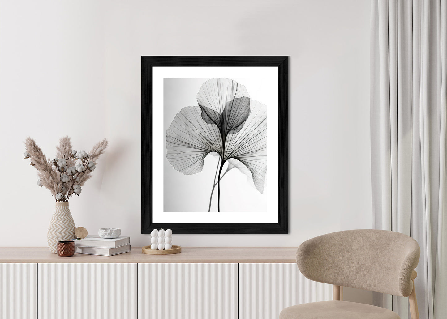 Poster Schwarze Ginkgoblätter Rahmen Hölzern Farbe Natürlich