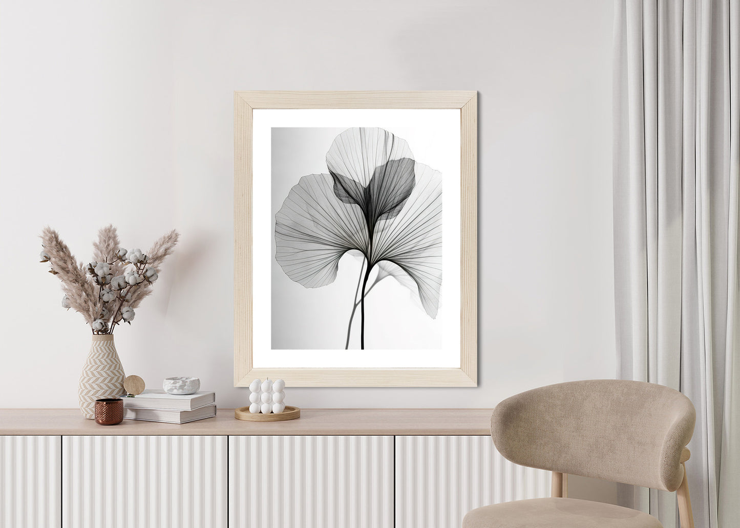 Poster Schwarze Ginkgoblätter Rahmen Hölzern Farbe Natürlich