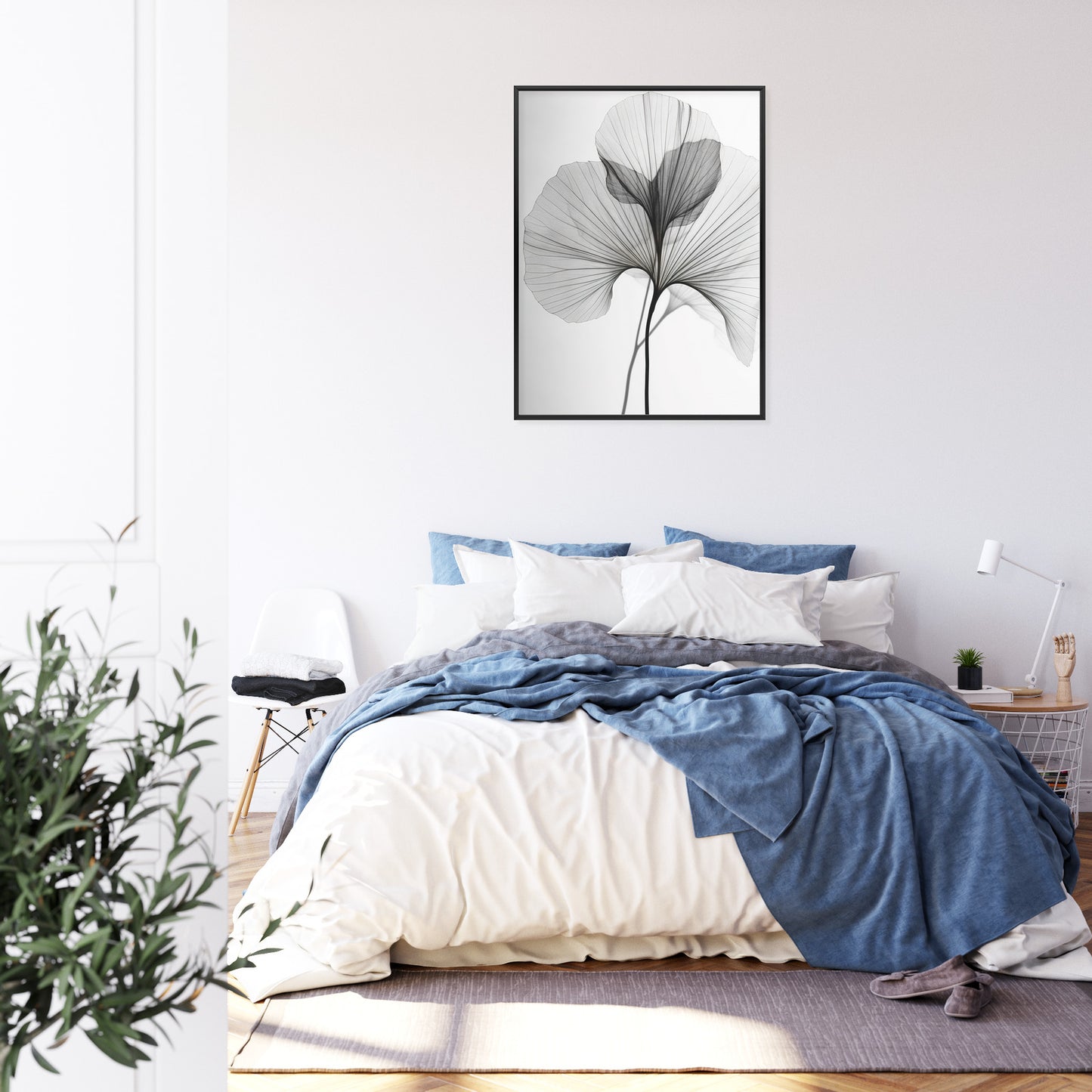 Poster Schwarze Ginkgoblätter Rahmen Hölzern Farbe Natürlich