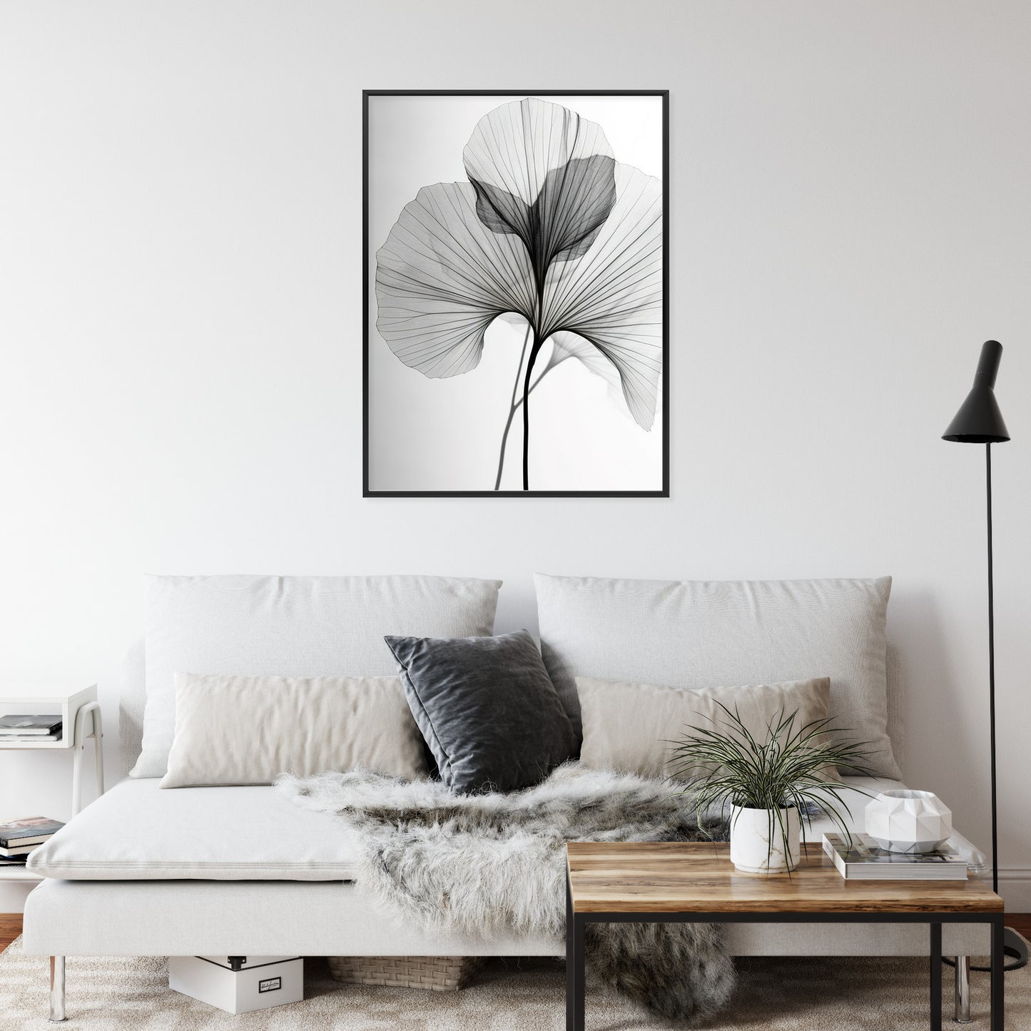 Poster Schwarze Ginkgoblätter Rahmen Hölzern Farbe Natürlich